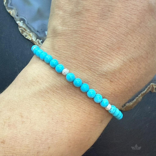 Sterling Silver 4mm Turquoise & Ridged Silver Beads 7.25" Bracelet For Women
