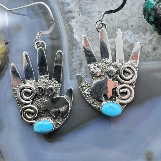 Alex Sanchez Sterling Silver Ancestors Hand Petroglyph W/Turquoise Dangle Earrings For Women #2