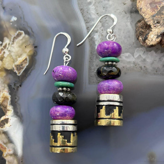 Tommy & Rosita Singer Sterling Silver Charoite & Onyx Bead Dangle Earrings For Women