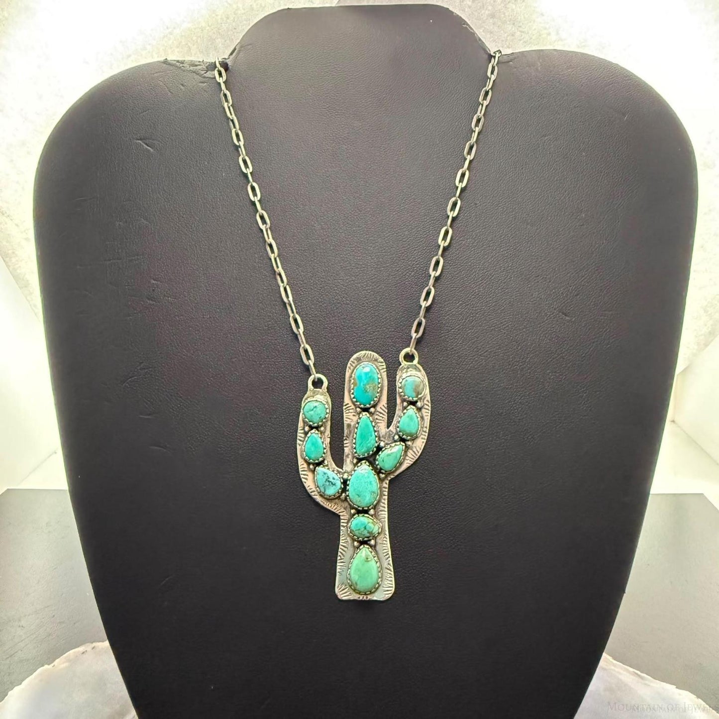 Sterling Southwestern Style Kingman Turquoise Cactus Pendant 22.5" Necklace #1