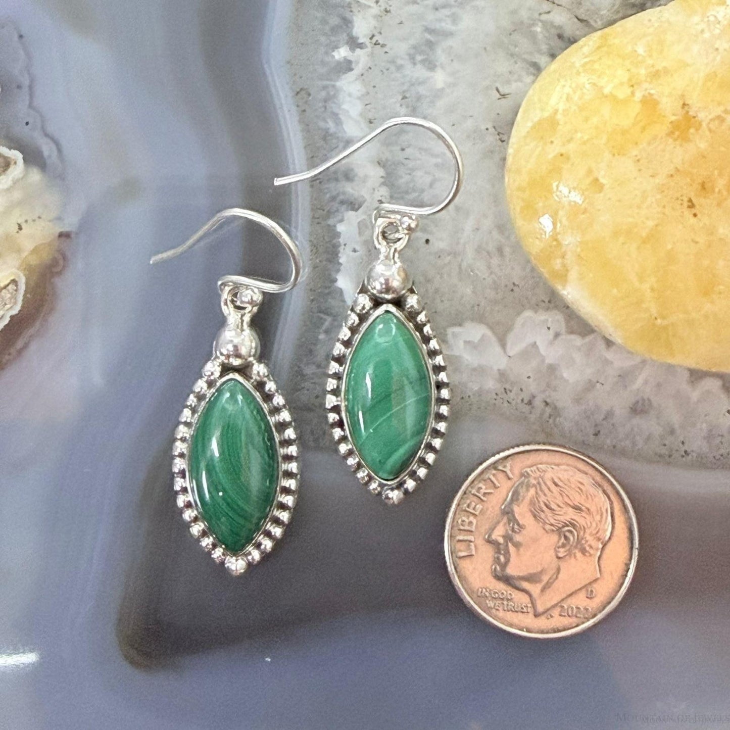 Sterling Silver Southwestern Style Marquise Malachite Dangle Earrings For Women