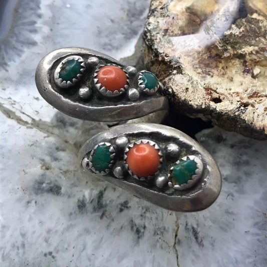 Vintage Native American Silver 4 Turquoise 2 Coral Bypass Ring Size 8 For Women