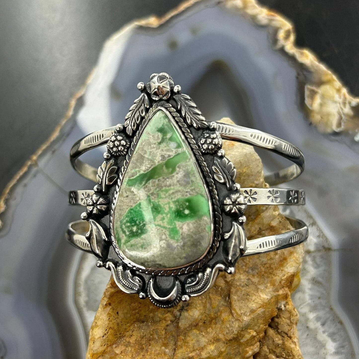 Sterling Silver Southwestern Style Large Teardrop Variscite Bracelet For Women