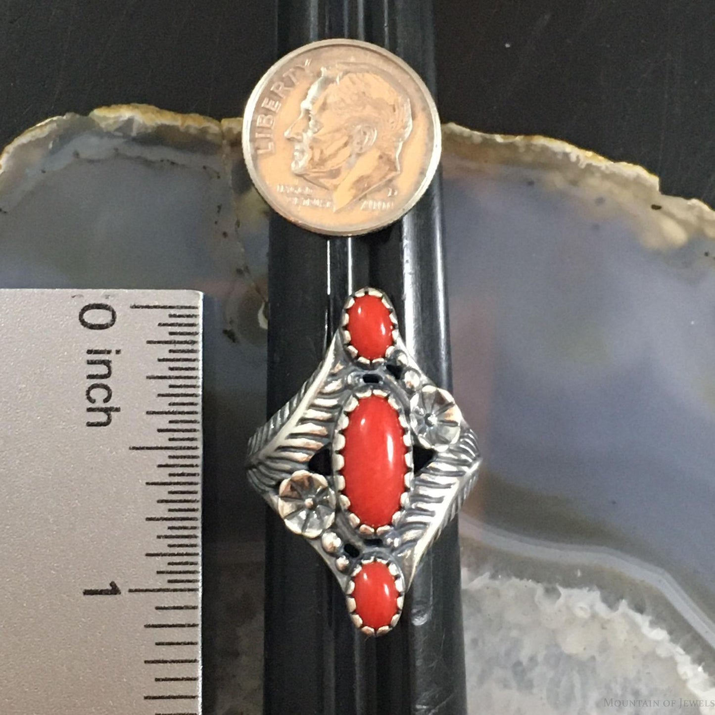 Carolyn Pollack Southwestern Style Sterling Silver 3 Red Jasper Elongated Ring