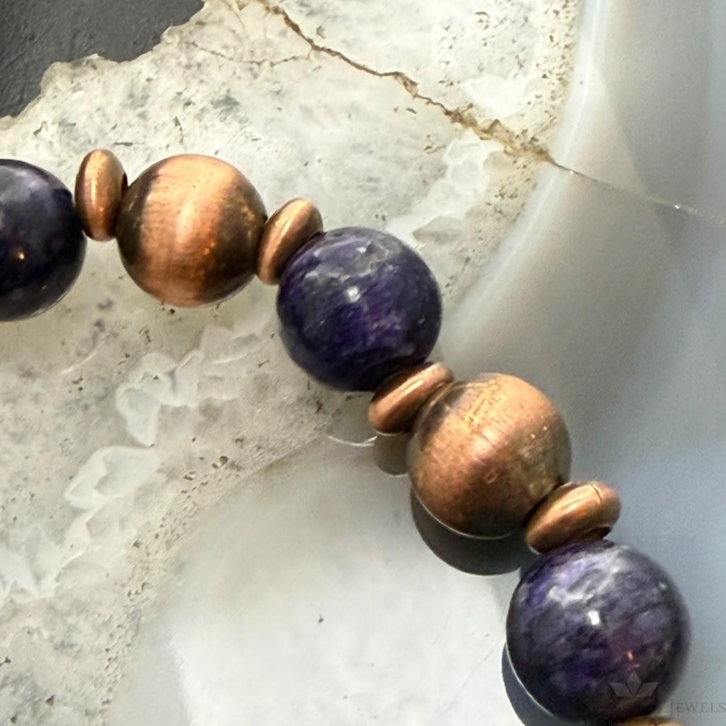 Southwestern Style Copper 10mm Navajo Pearl Beads&10mm Charoite Stretch Bracelet For Women