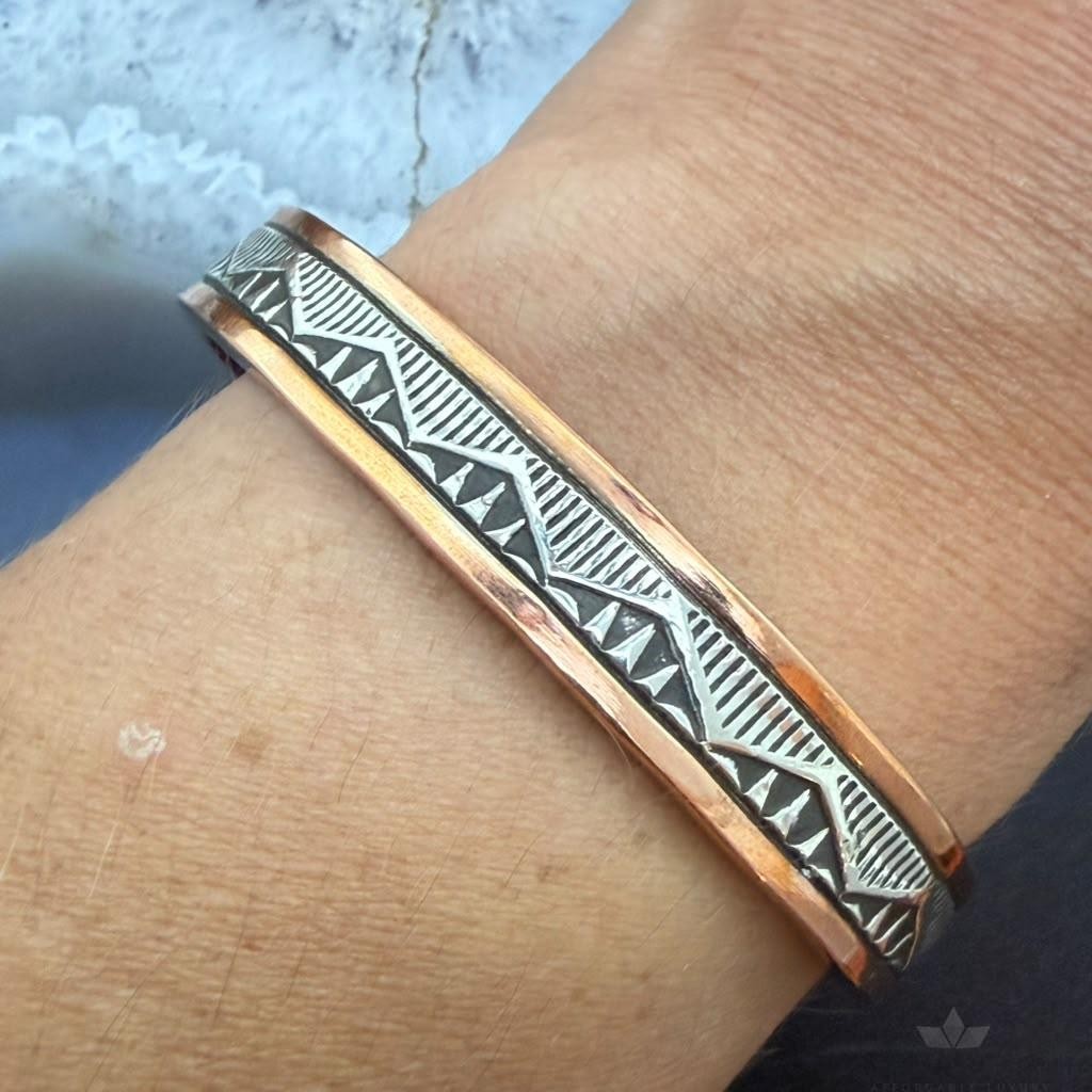 Wylie Secatero Navajo Sterling Silver & Copper Stamped Bracelet For Women #2