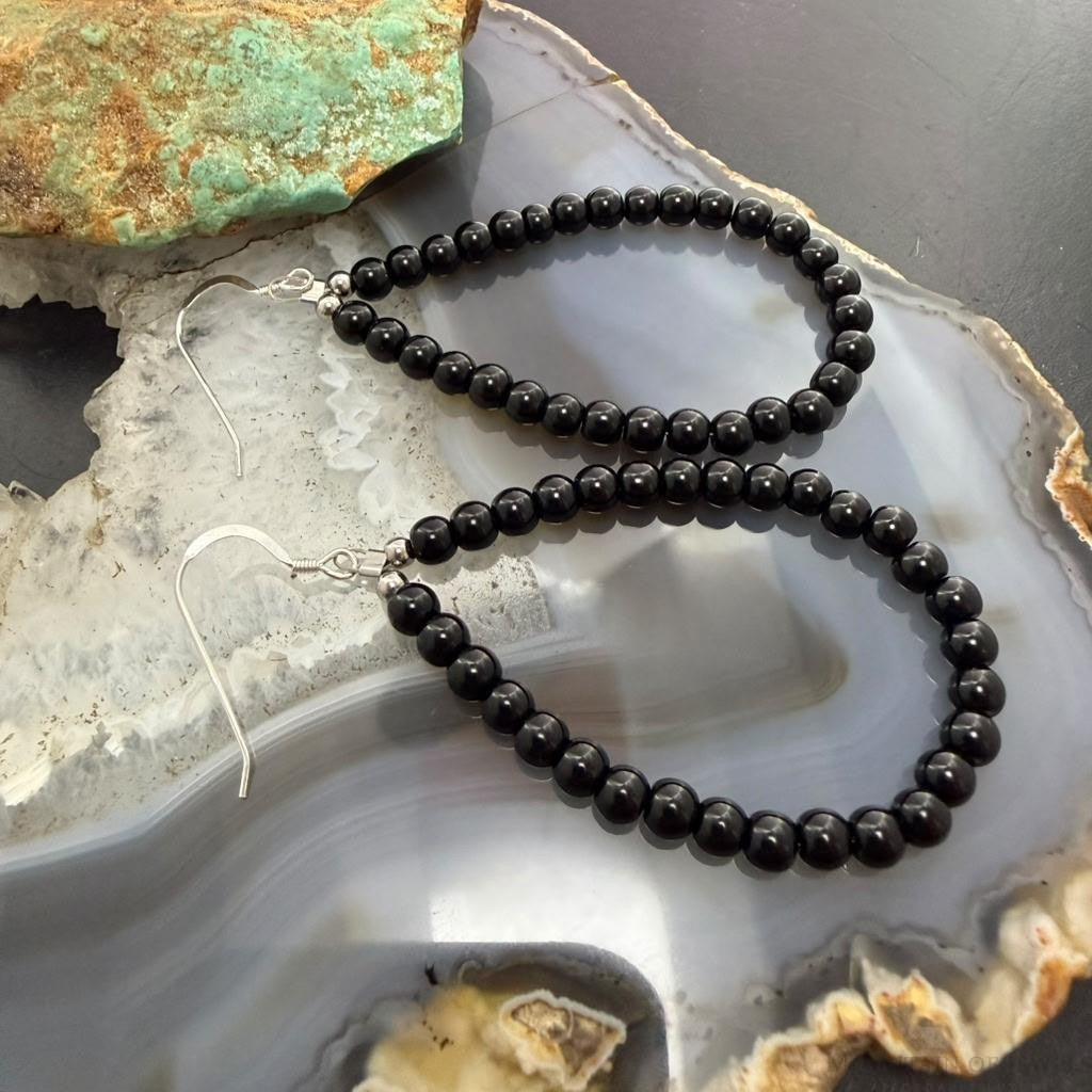 Sterling Silver 4mm Onyx Beads Hoop Dangle Earrings For Women