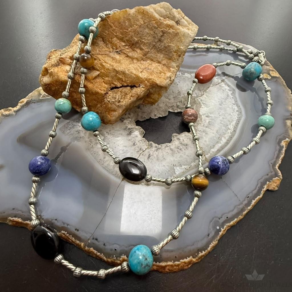 Carolyn Pollack Sterling Silver Cylinder, Beads and Multistone 34" Necklace For Women