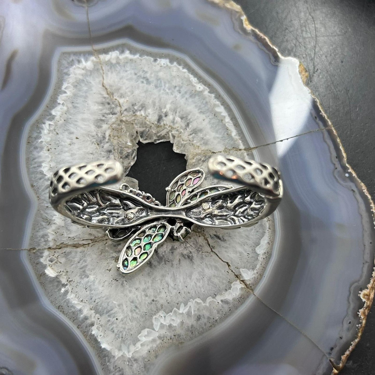 Carolyn Pollack Sterling Silver Multi Gemstone Dragonfly Decorated Hinged Cuff Bracelet