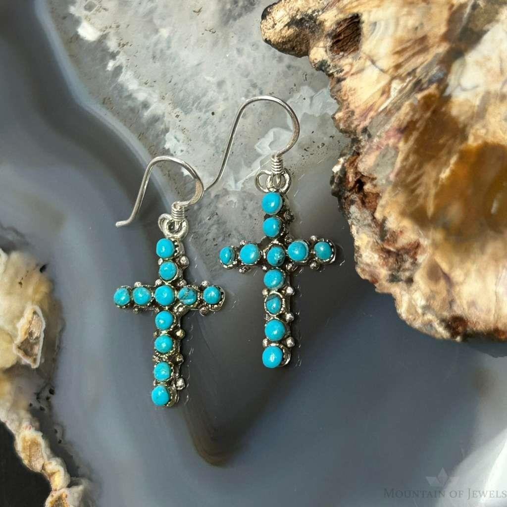 Sterling Silver Southwestern Style Turquoise Cross Dangle Earrings For Women