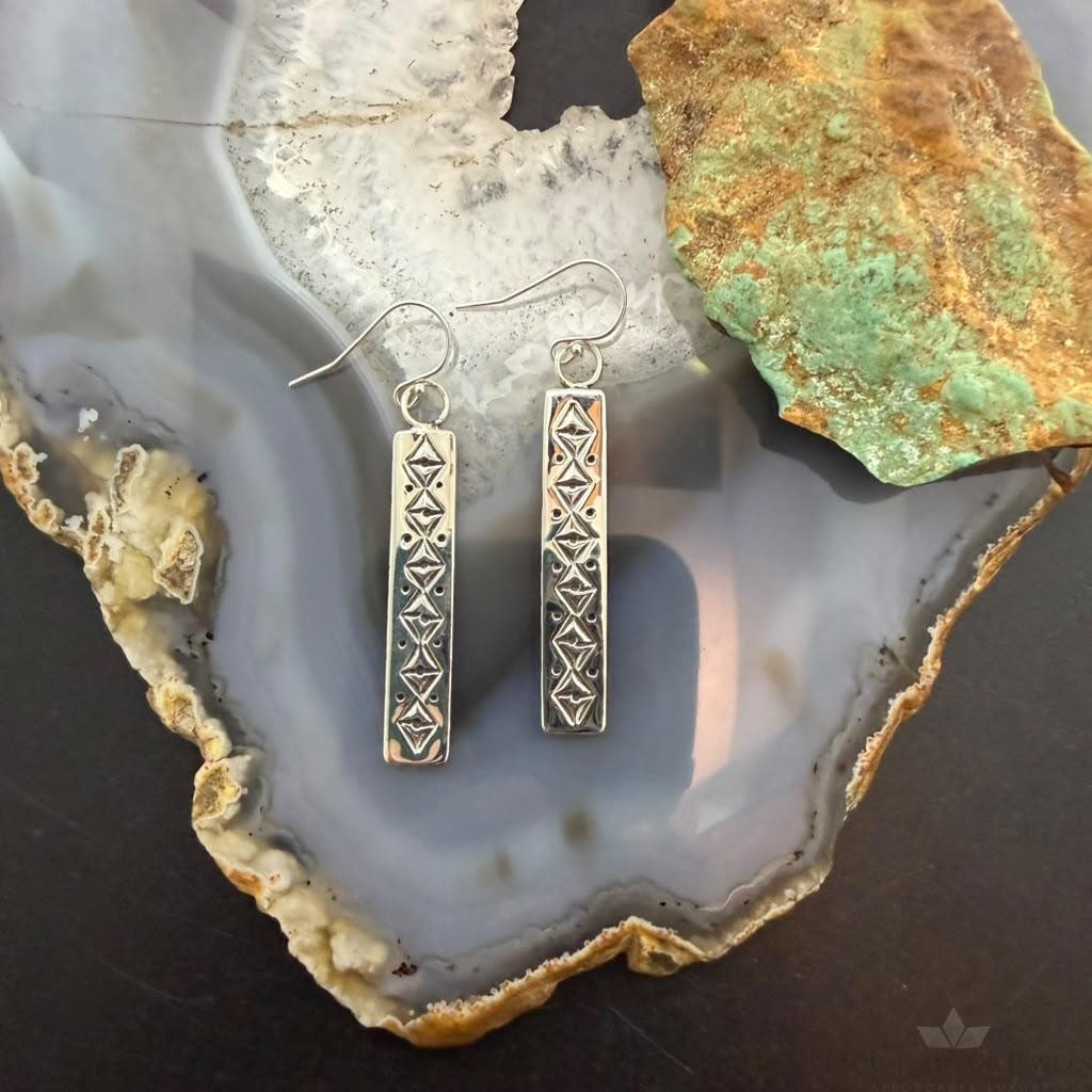 Michael Nez Native American Sterling Stamped Rectangle Dangle Earrings For Women
