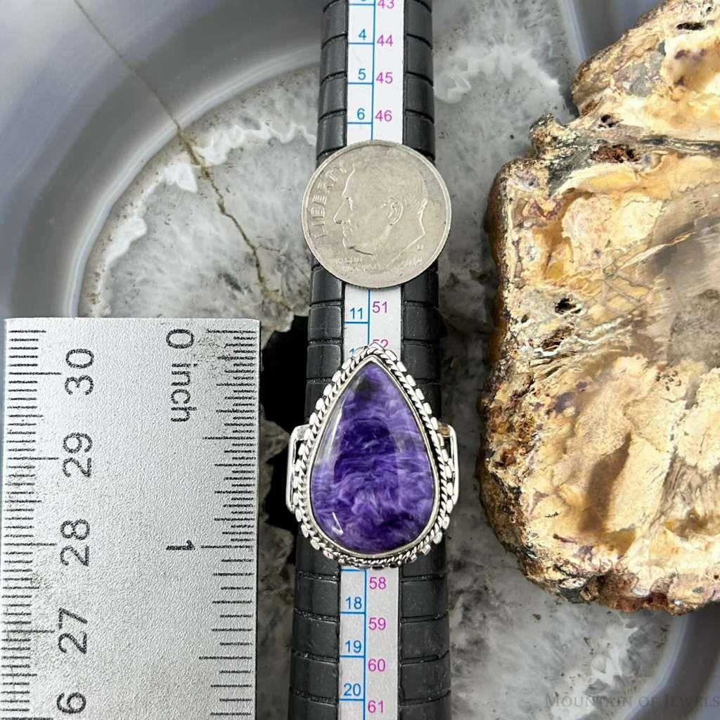 Sterling Silver Southwestern Style Teardrop Charoite Decorated Ring Size 7.5 For Women