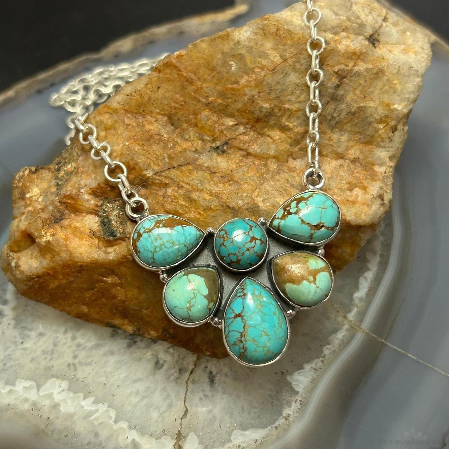 Sterling Silver Southwestern Style Turquoise #8 Cluster 19" Lariat Necklace For Women