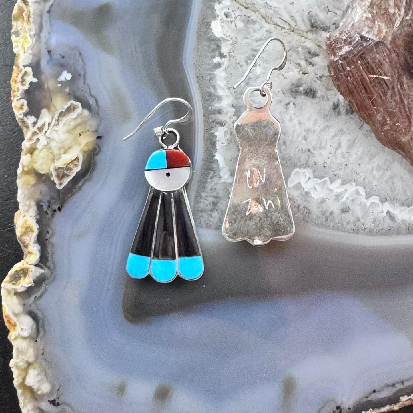 Clayton Vacit Zuni Silver Multistone Inlay Sunface Dangle Earrings For Women