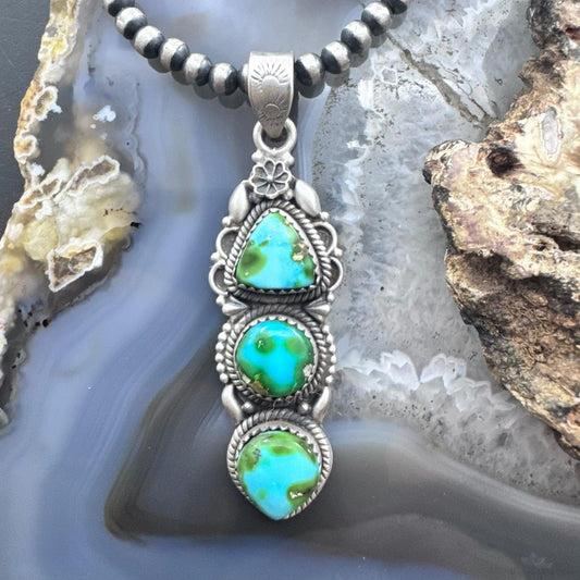 Sterling Silver Southwestern Style 3 Sonora Gold Turquoise Decorated Pendant For Women