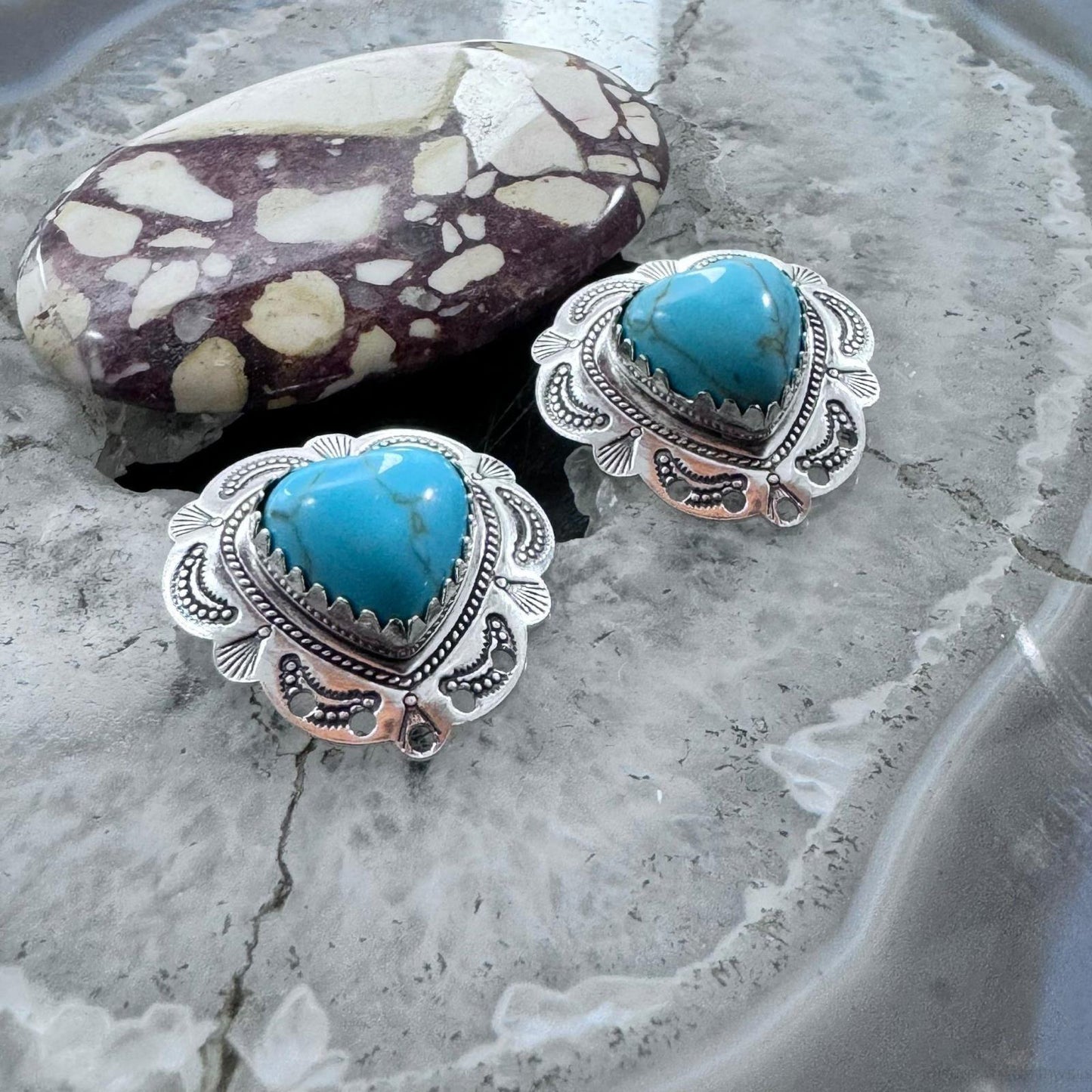 Native American Sterling Silver Turquoise Heart Stud Earrings For Women