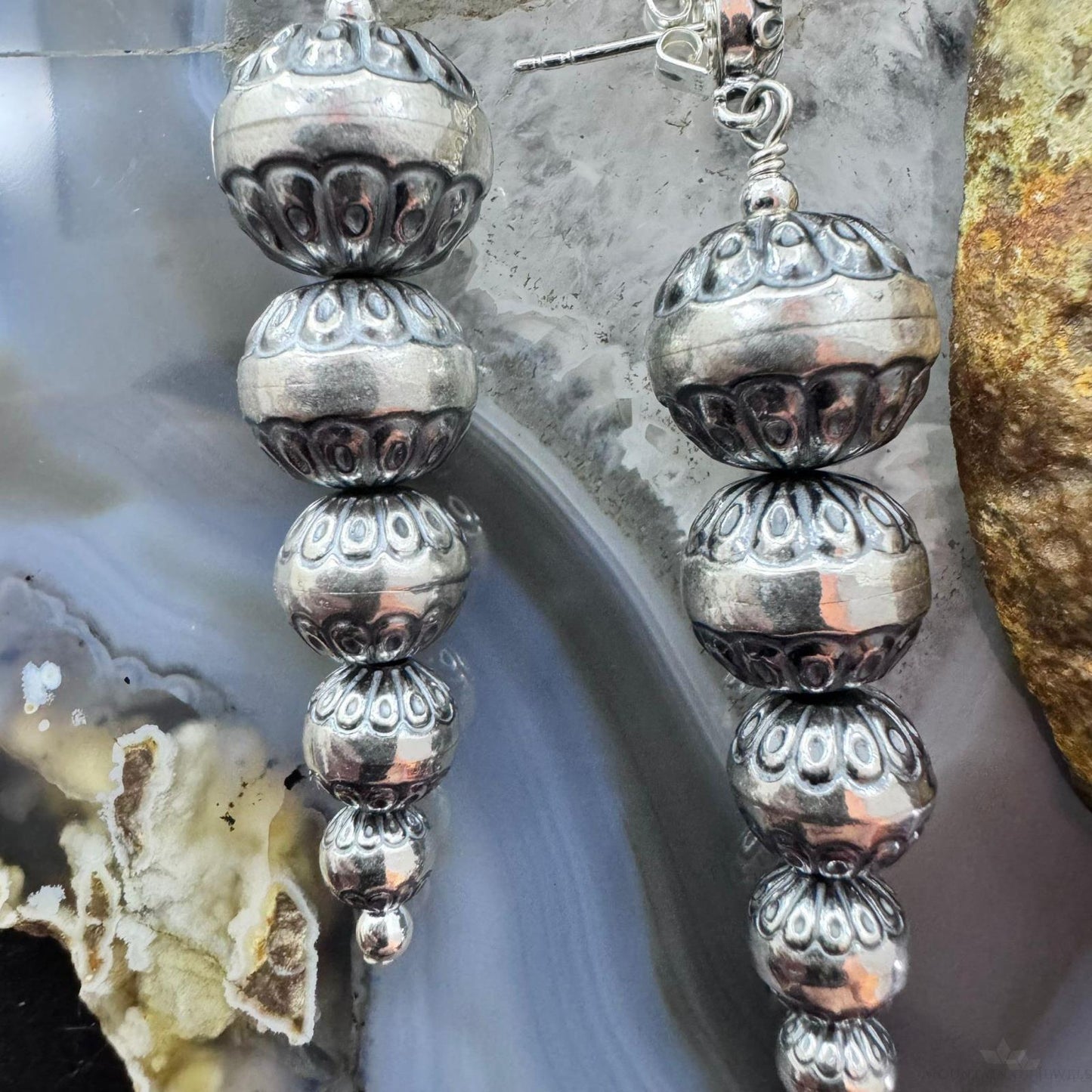 Carolyn Pollack Sterling Silver Stamped Graduated Navajo Pearl Bead Dangle Earrings For Women