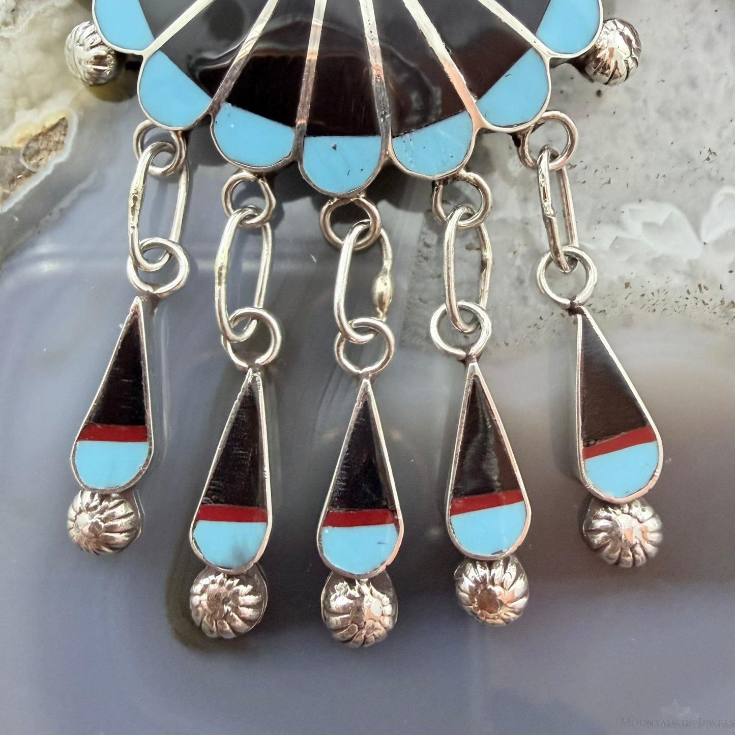 Abel Soseeah Native American Sterling Silver Zuni Inlay Sunface Pendant/Brooch For Women