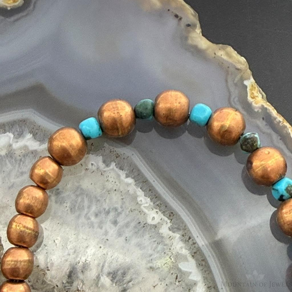 Copper Navajo Pearl Beads & Turquoise Beaded 20" Necklace For Women