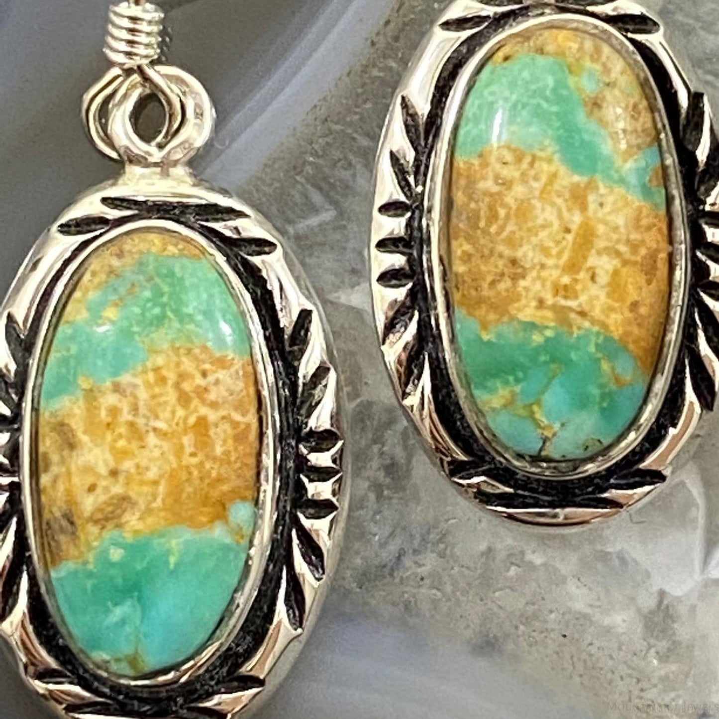 Native American Sterling Silver Oval Ribbon Boulder Turquoise Dangle Earrings