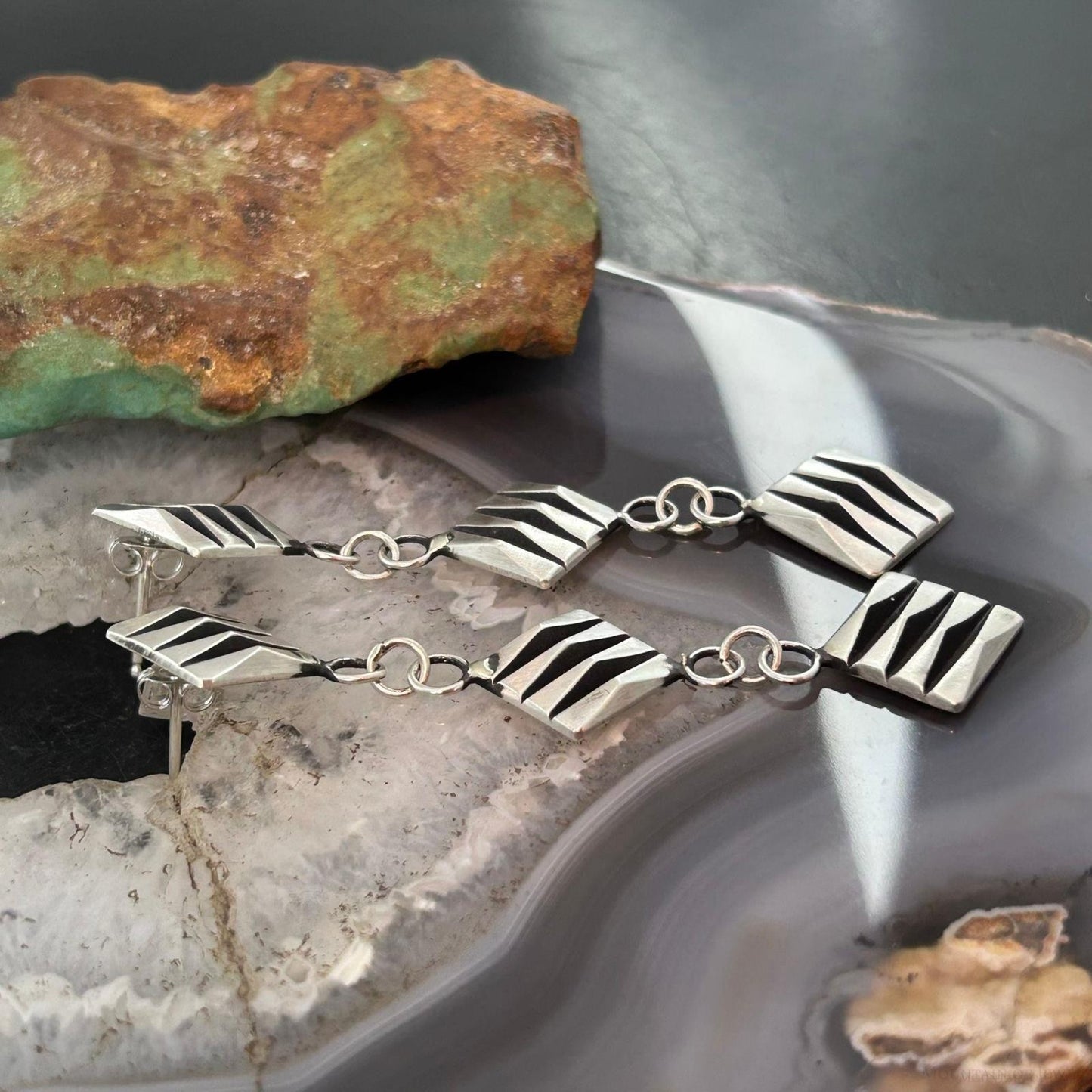Leander Tahe Native American Sterling Silver 3 Square 3D Geometric Dangle Earrings For Women