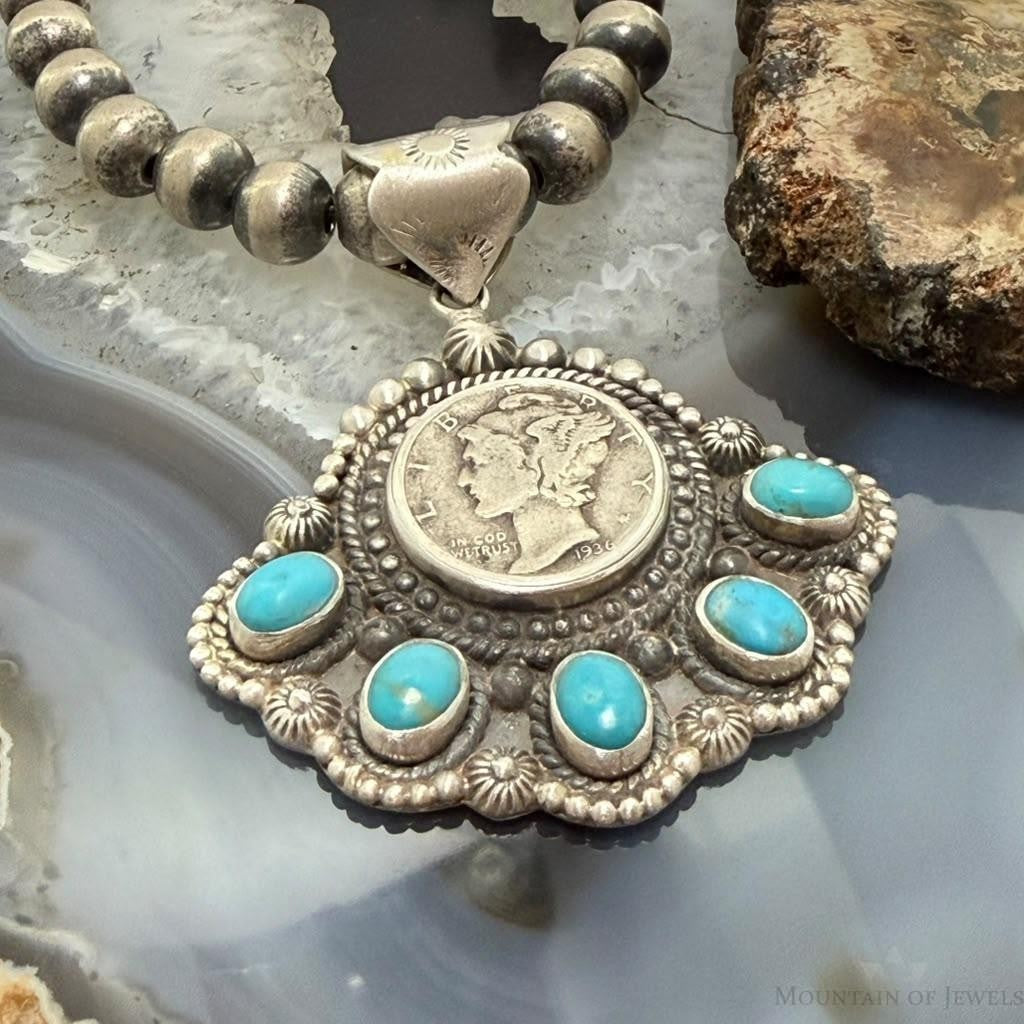 Sterling Silver Southwestern Style 1936 Mercury Dime &Kingman Turquoise Pendant