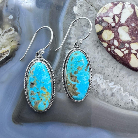 Native American Sterling Silver Elongated Oval Turquoise Dangle Earrings For Women