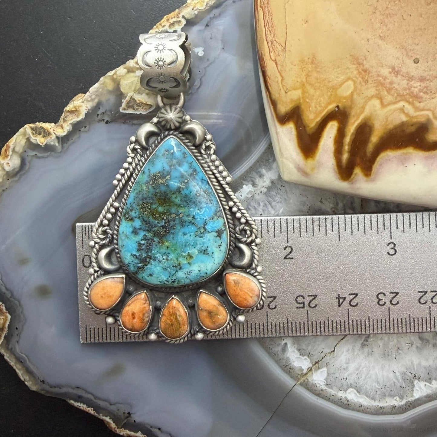 Sterling Silver Southwestern Style Teardrop Turquoise & Spiny Oyster Pendant For Women