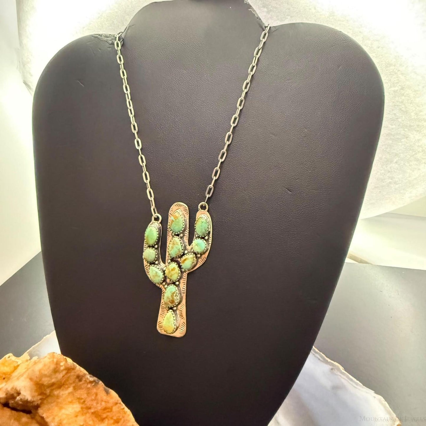 Sterling Silver Southwestern Style Green Kingman Turquoise Cactus Pendant Necklace For Women
