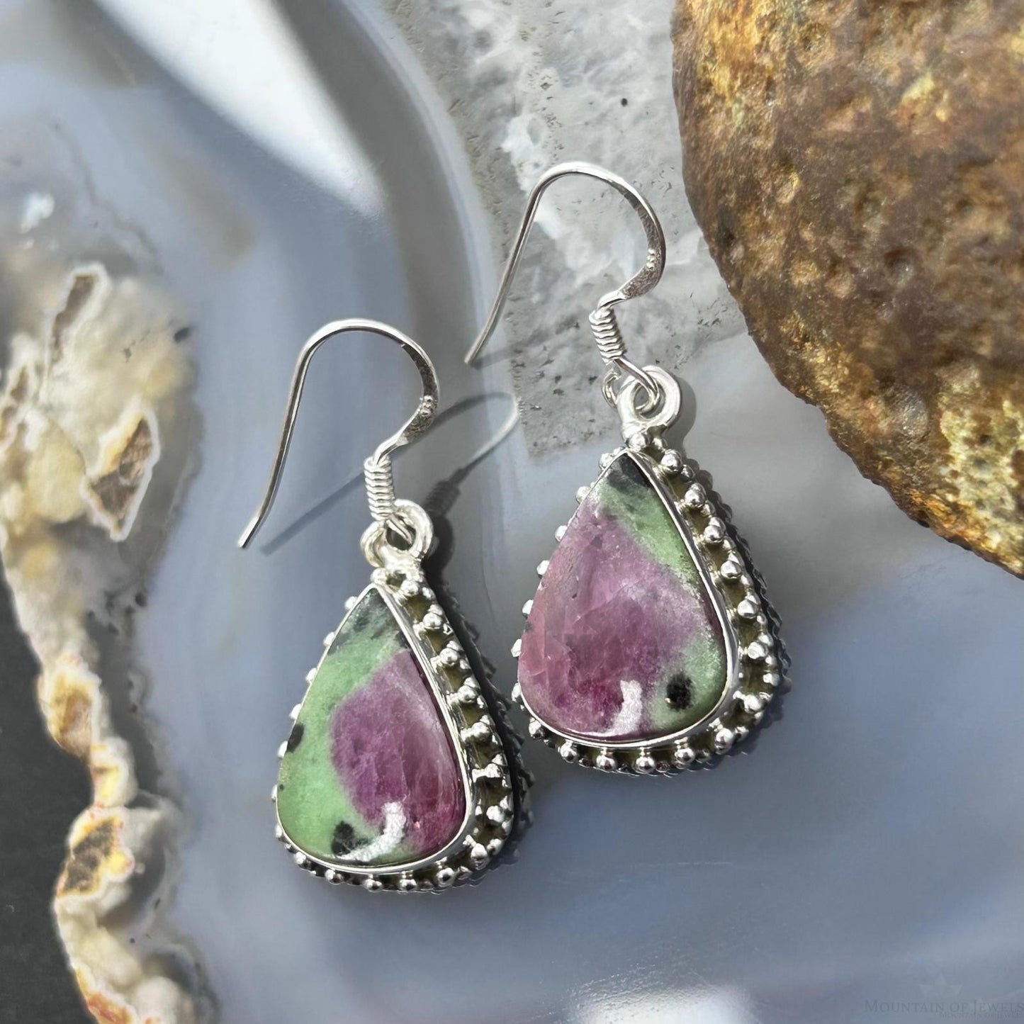 Sterling Silver Southwestern Style Teardrop Ruby Zoisite Dangle Earrings For Women