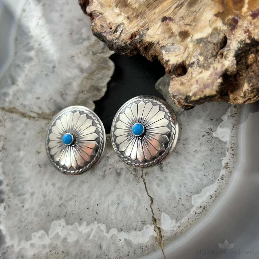 Native American Sterling Silver Concho w/Turquoise Dot Stud Earrings For Women