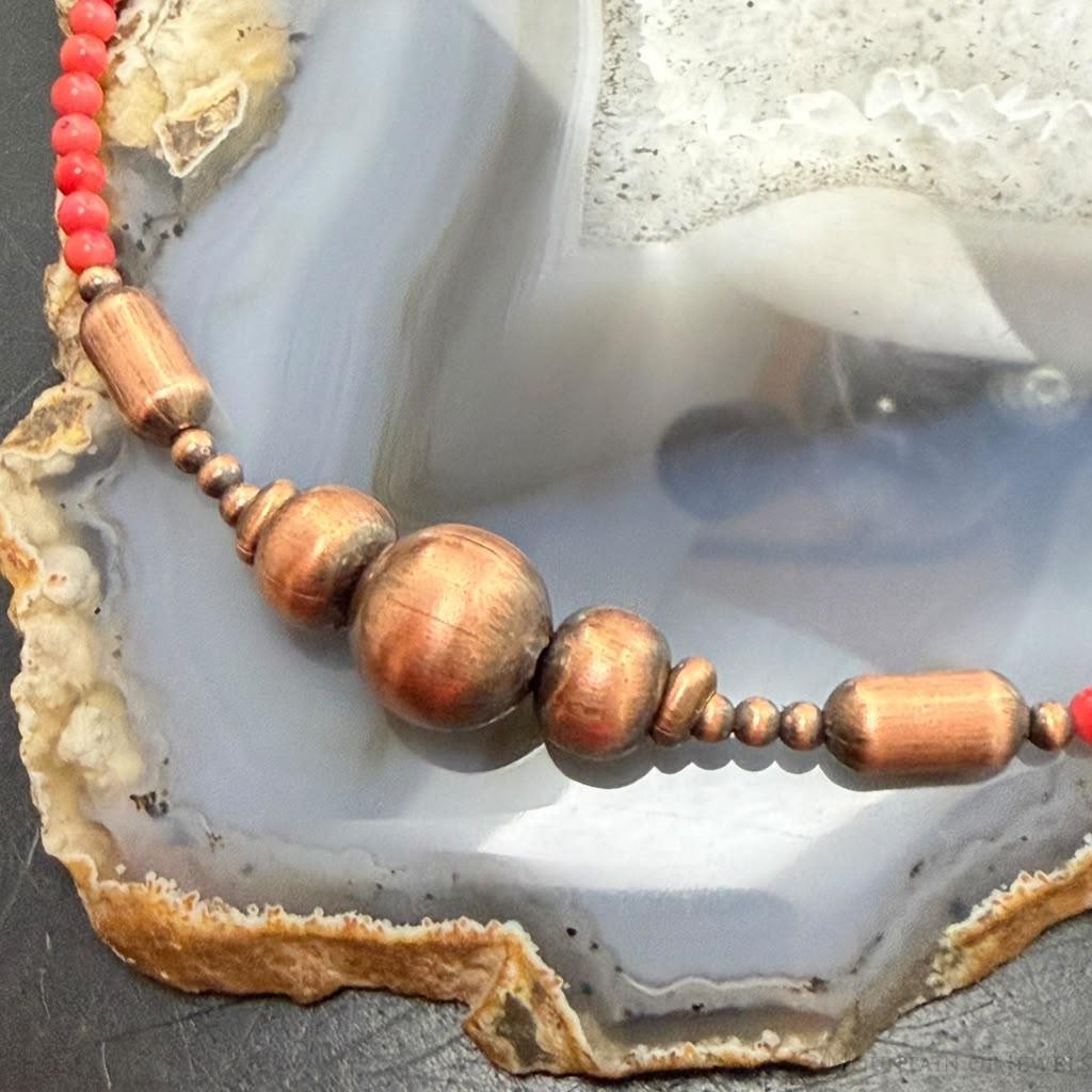 Southwestern Style Copper Navajo Pearl w/Red Coral Beads 18" Necklace For Women