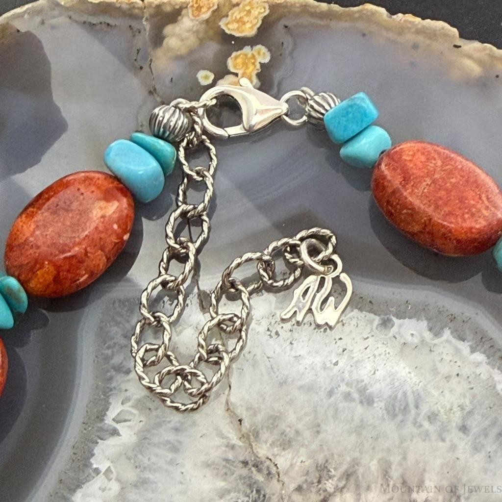 Carolyn Pollack Sterling Silver Turquoise &Coral Beads Decorated16"-19" Necklace For Women