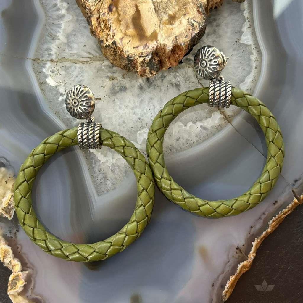 Carolyn Pollack Sterling Silver Olive Green Braided Leather Hoop Earrings For Women