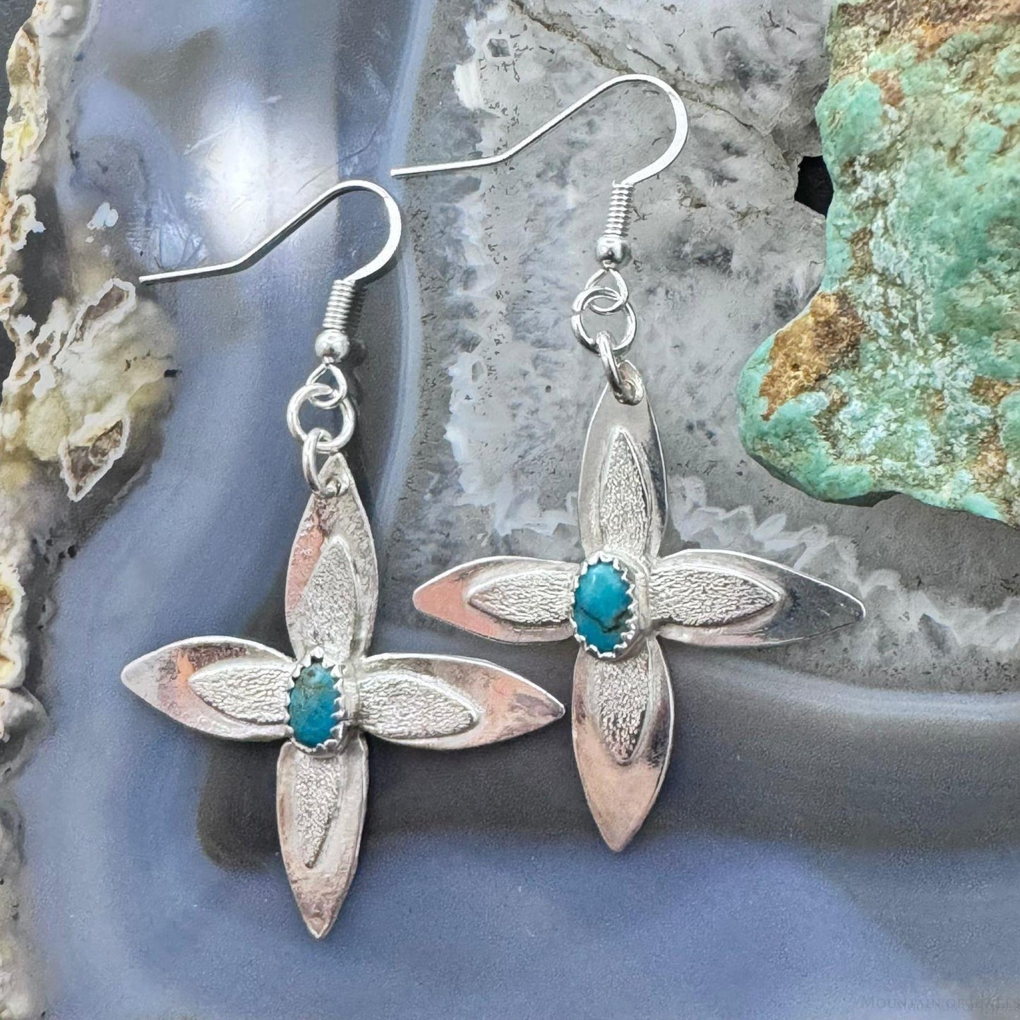 Gary Custer Sterling Silver Tufa Cast Turquoise Flower Dangle Earrings For Women