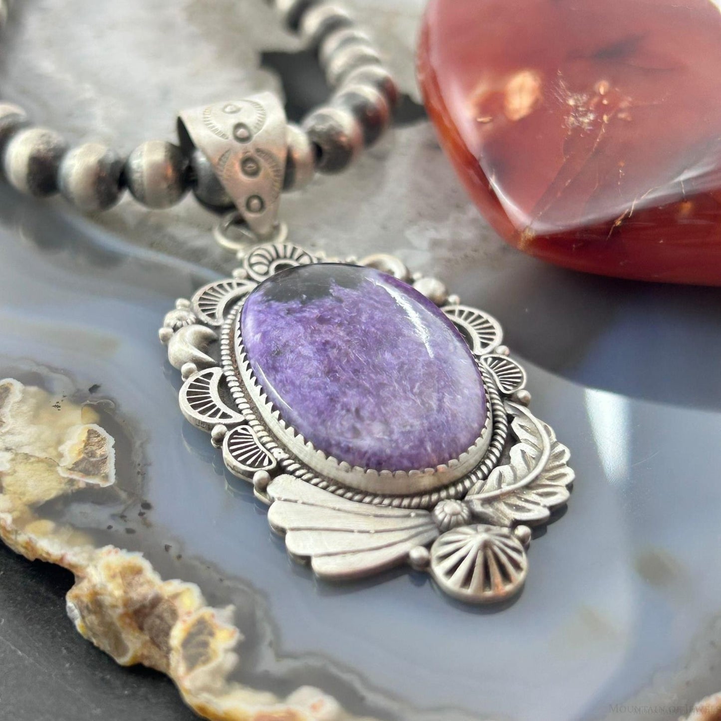 Sterling Silver Southwestern Style Oval Charoite Decorated Pendant For Women