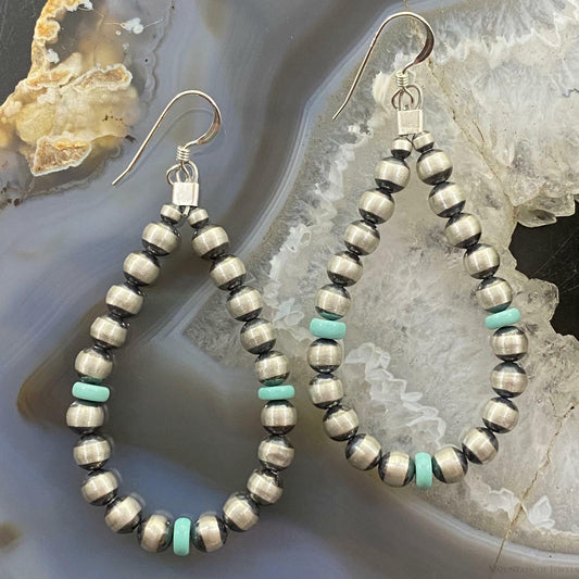 Navajo Pearl Bead 5mm & 3 Turquoise Disk Sterling Silver Hoop Earrings For Women