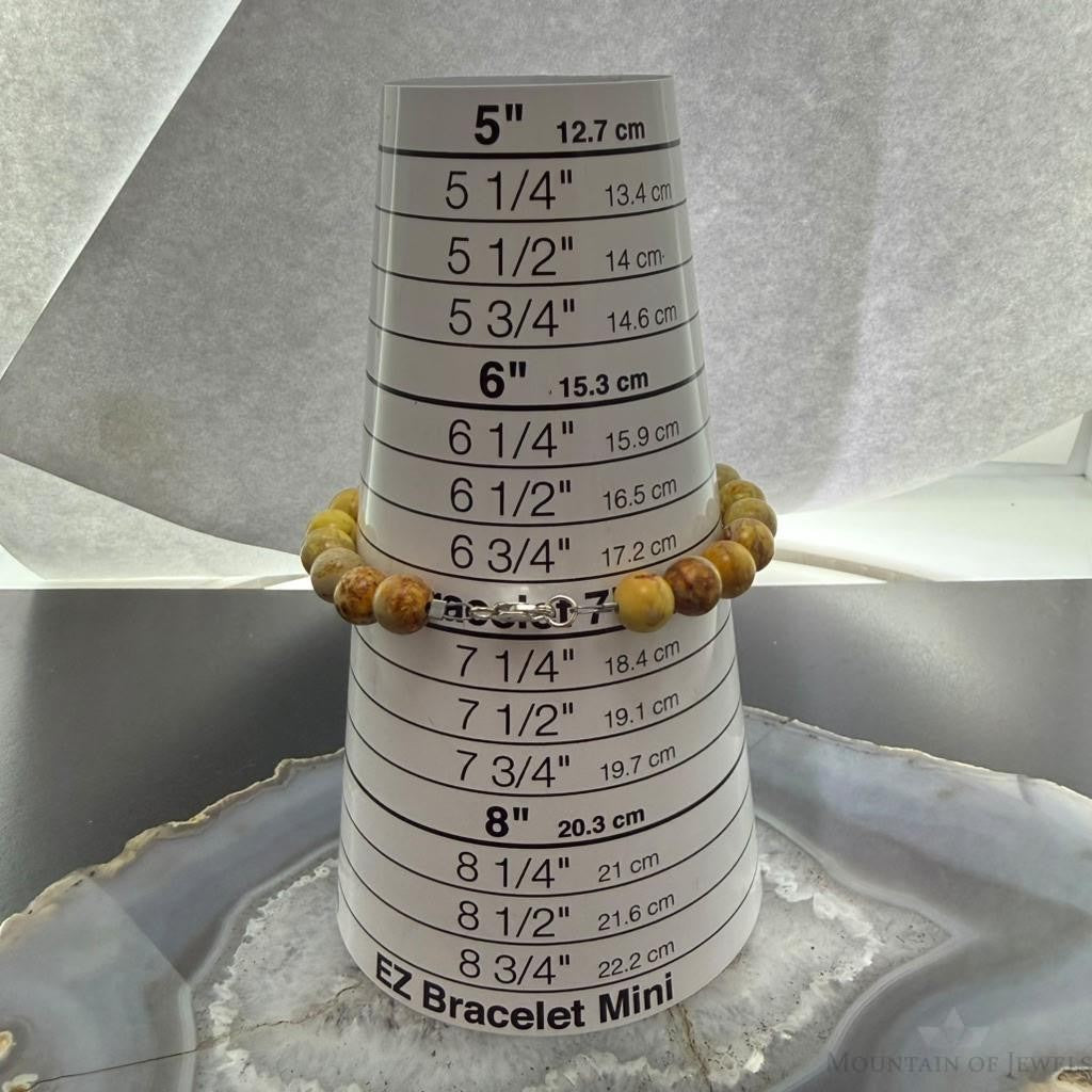 Sterling Silver 8mm Round Snake Skin Jasper Beads 7" Bracelet For Women
