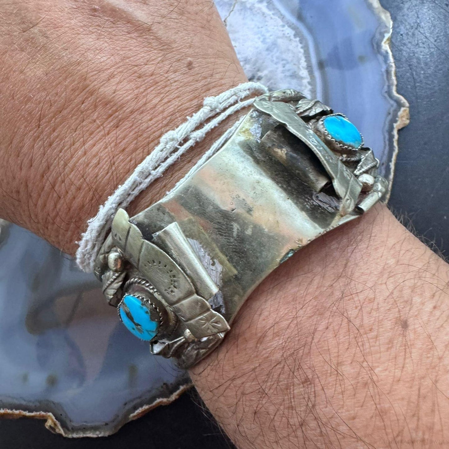 Vintage Signed Native American Sterling Silver 4 Kingman Turquoise Watch Cuff For Men