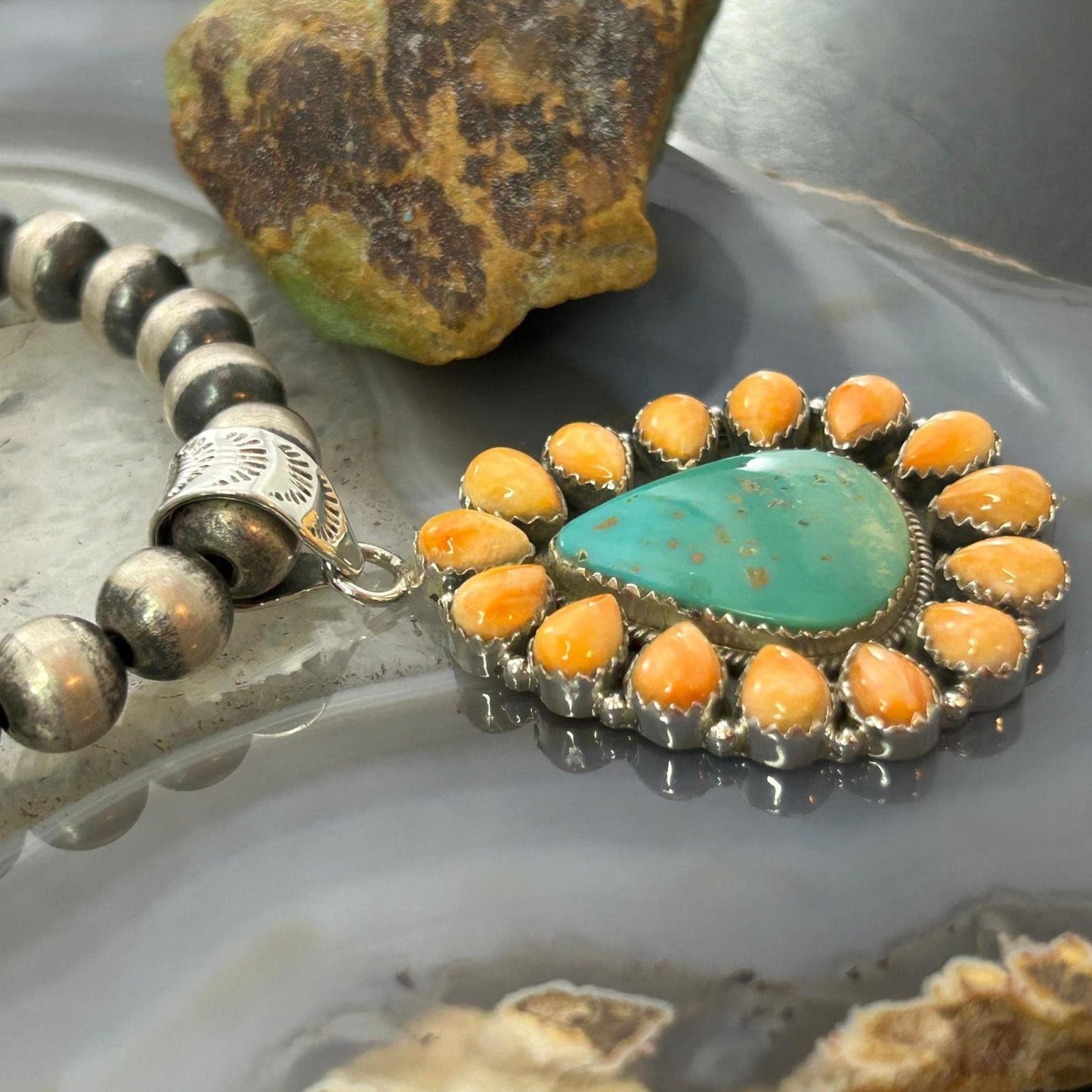 Sterling Silver Southwestern Emerald Valley Turquoise & Spiny Oyster Cluster Pendant For Women