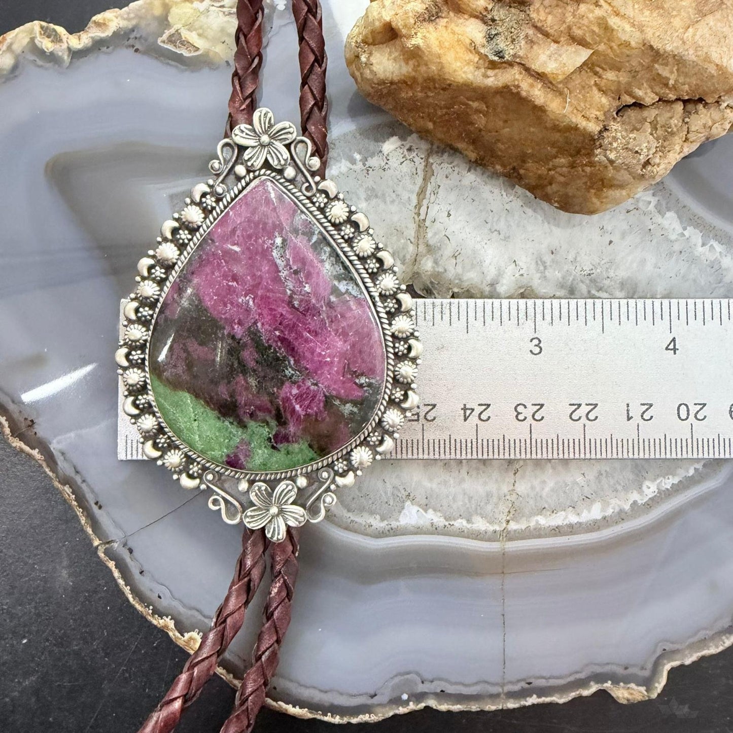 Sterling Silver Southwestern Style Large Teardrop Ruby Zoisite Bolo Tie For Men