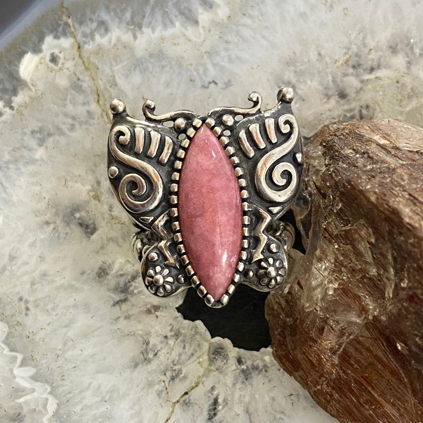 Carolyn Pollack Southwestern Style Sterling Silver Pink Rhodonite Butterfly Ring For Women