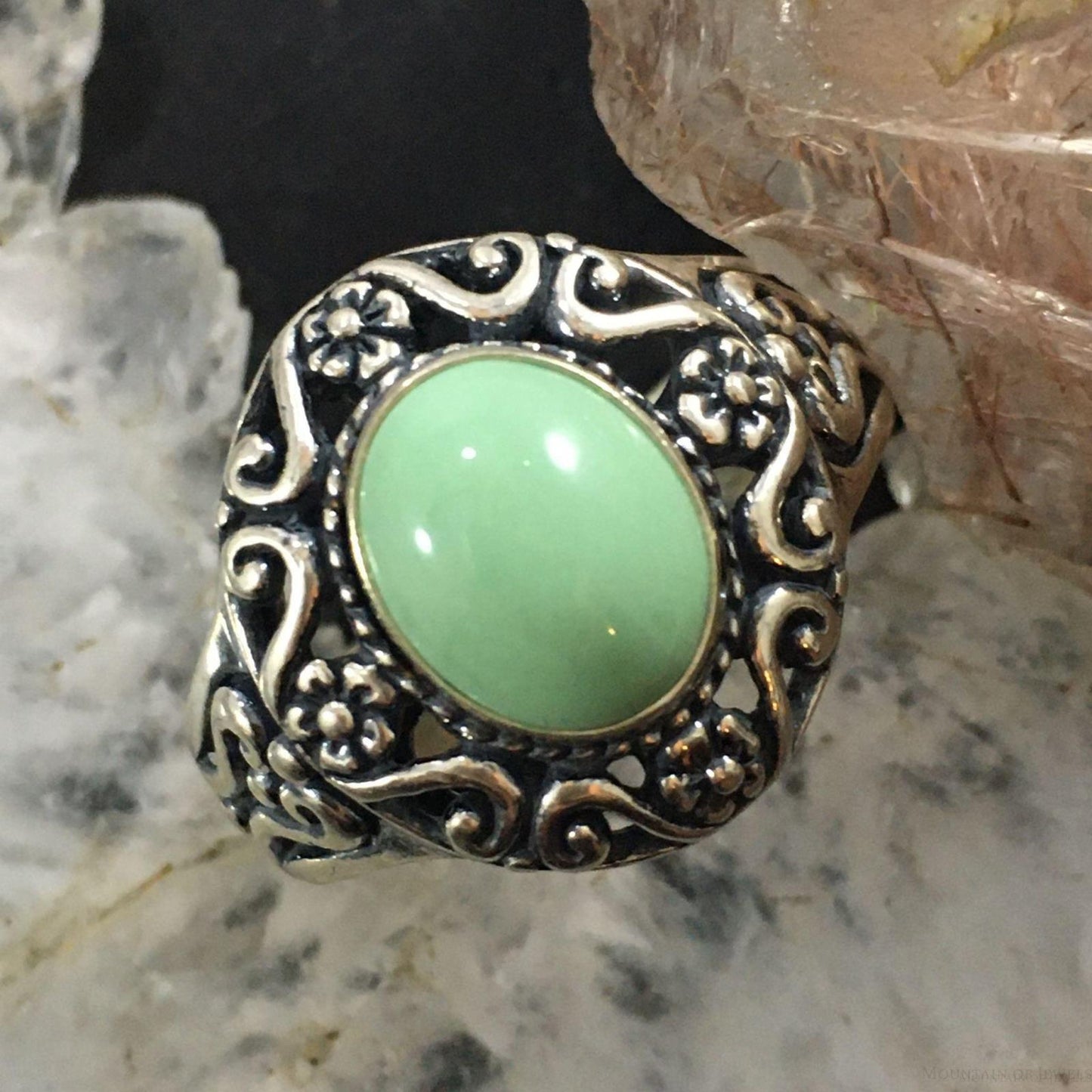 Carolyn Pollack Sterling Silver Oval Variscite Decorated Floral Ring For Women