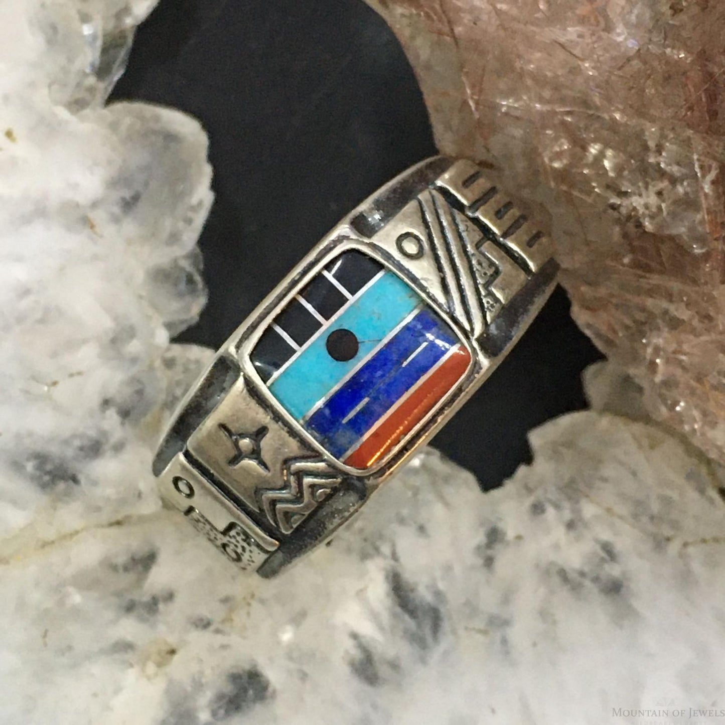 Carolyn Pollack Southwestern Style Sterling Silver Square Multistone Inlay Decorated Band Ring For Women