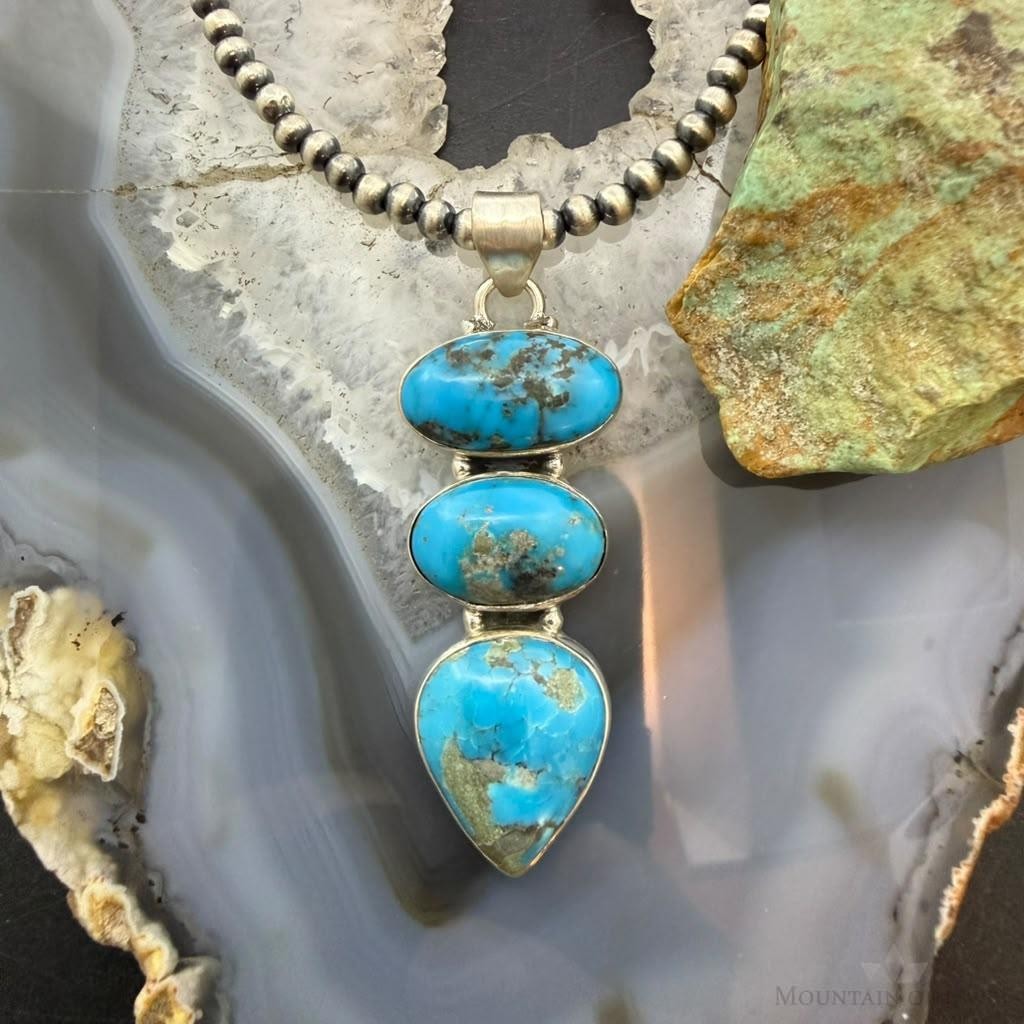 Sterling Silver Southwestern Style 3 Kingman Turquoise Pendant For Women
