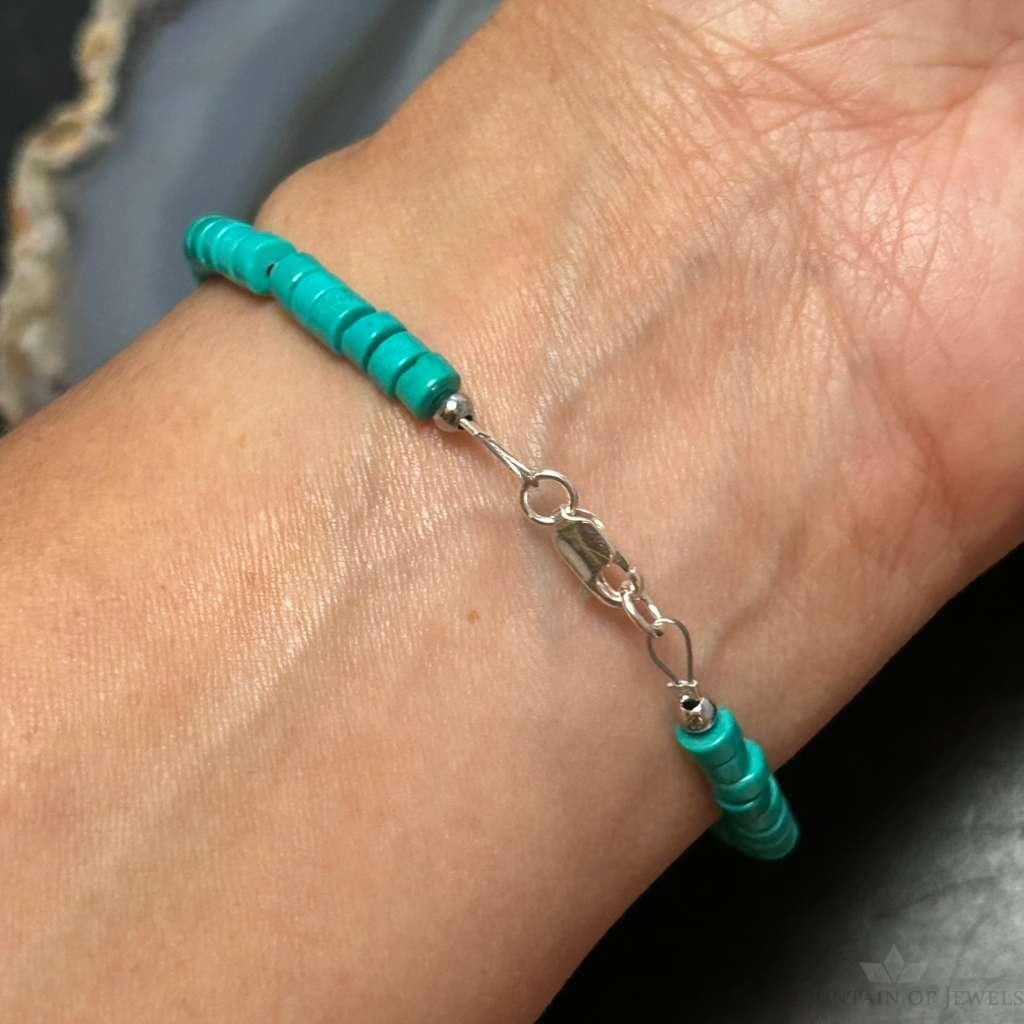 Sterling Silver Turquoise Disk Beads w/Silver Beads 7.5" Bracelet For Women