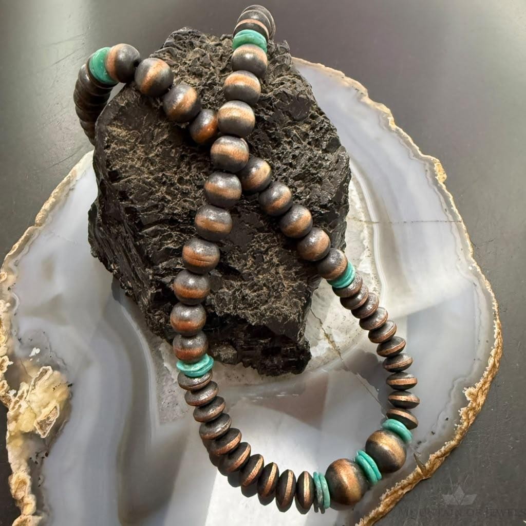 Southwestern Style Copper Navajo Pearl Round,Saucer & Turquoise 18"-20" Necklace For Women