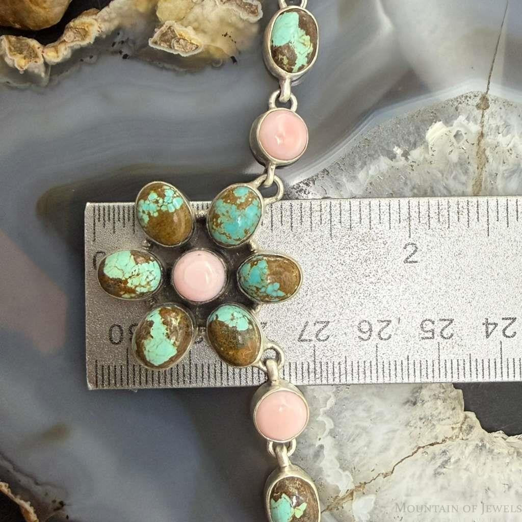 Sterling Silver Southwestern Style Turquoise &Pink Conch 20" Cluster Necklace For Women