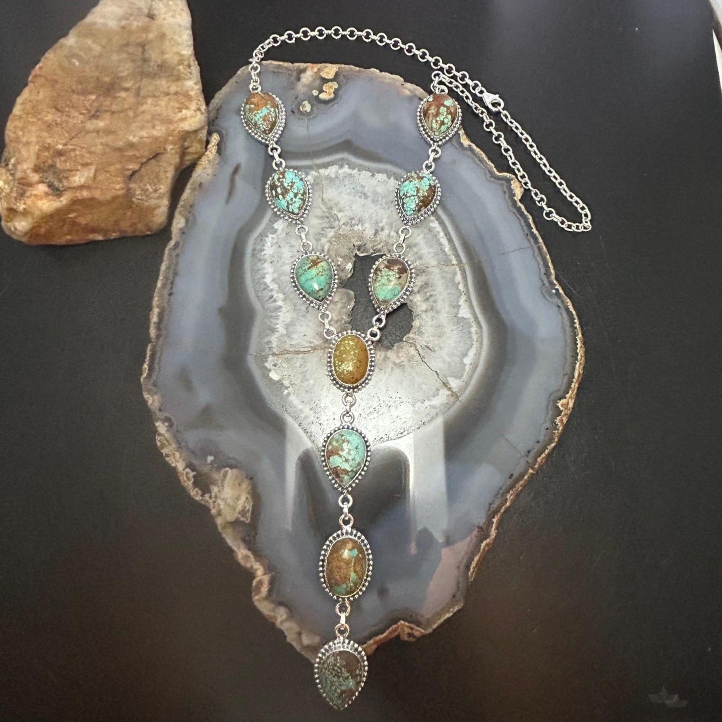 Sterling Silver Southwestern Style Turquoise #8 Cluster Lariat 28" Necklace For Women