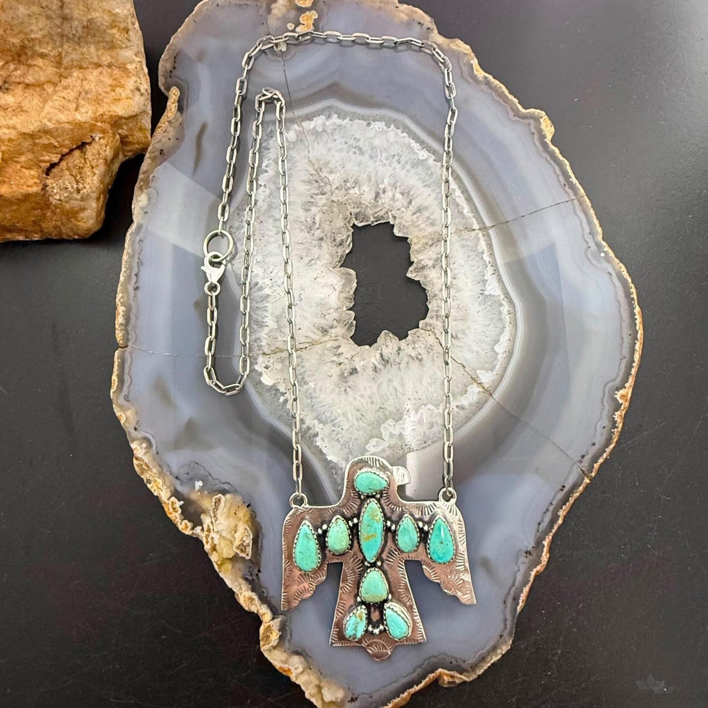 Sterling Silver Southwestern Style Kingman Turquoise Thunderbird Pendant Necklace For Women #3
